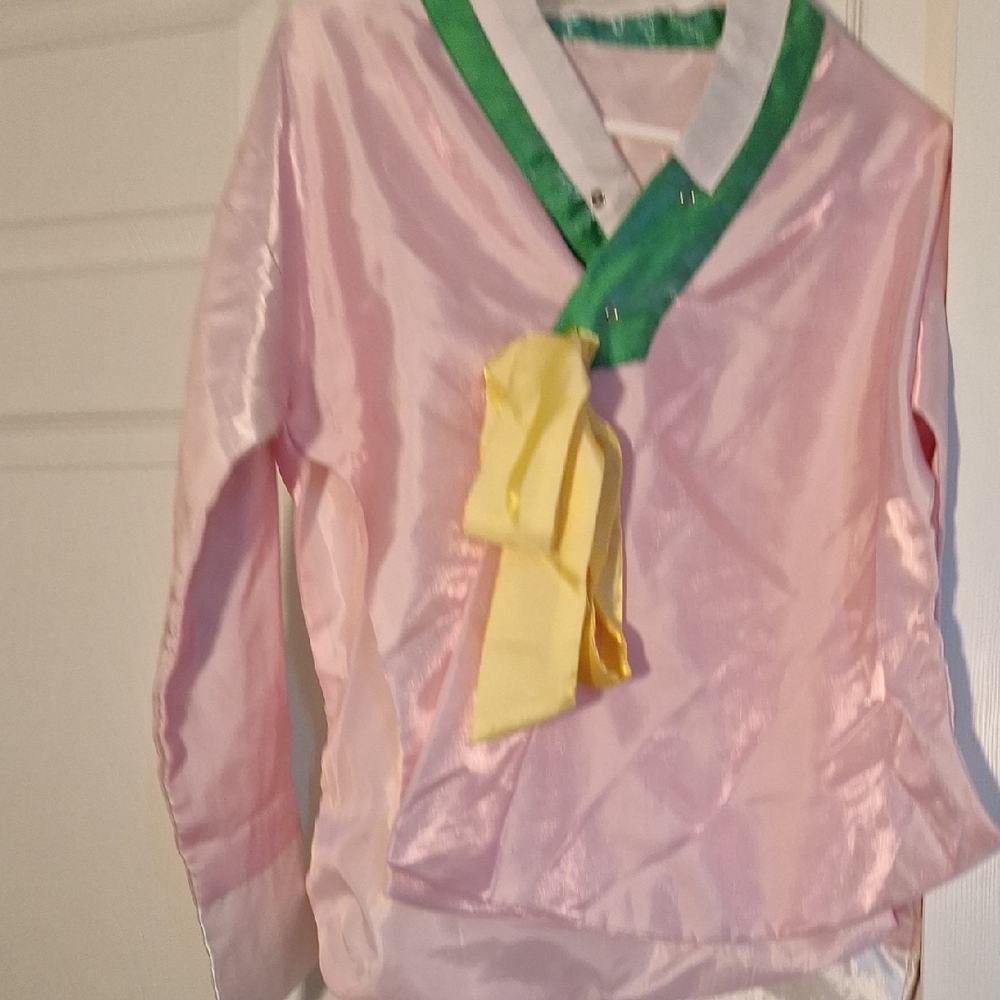 Pink and Green Satin Blouse with Yellow Accent